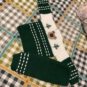 Green and White Crocheted Sweater and Pants with Bear Design
